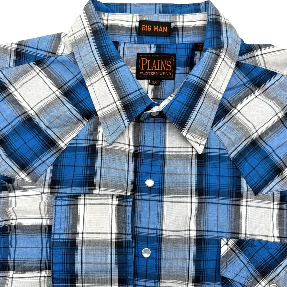Plains Western Wear Shirt Mens 2X Blue Plaid Long Slv Snap Button Big Man Yoke